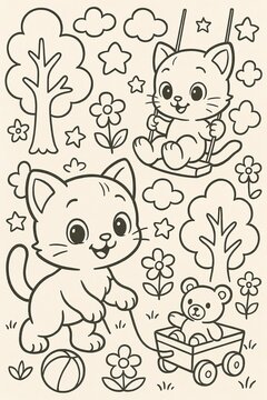 Fr&ouml;hliche Katzen mit Bollerwagen Schaukel Ball und Blumen auf einem Ausmalbild im Garten