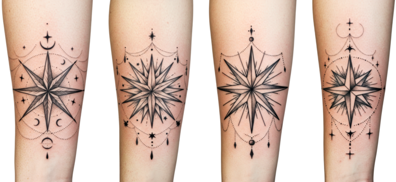 Four intricate compass tattoos on female forearms with geometric designs  