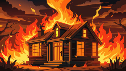A wooden house ablaze with flames, surrounded by a dark and dramatic night sky, creating a scene of intense emotion and narrative. Vivid colors emphasize the devastation and urgency of the moment.