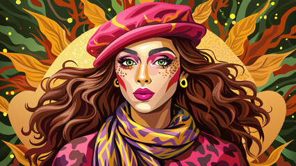 An artistic and expressive vector illustration featuring a fashionable young brunette woman in bold autumnal colors, showcasing intricate design and creative style.
