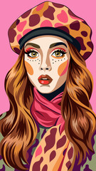 Digital artwork featuring vibrant and colorful stylized portrait of a fashionable woman wearing a beret and scarf. Illustration showcases creativity, fashion, and bold design in a striking composition