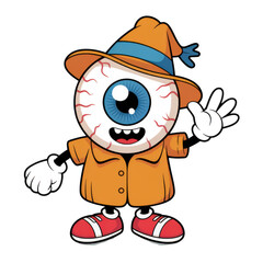 Cartoon eyeball character wearing a hat and coat isolated on transparent background