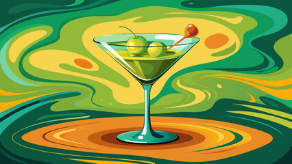 A creative depiction of a martini glass with olives set against an expressive, colorful, swirling design background. Perfect for themes of cocktails, creativity, and artistic concepts.