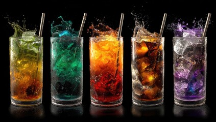 Colorful drinks with splashing ice and straws on a black background