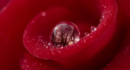 Close up of red rose petal with water droplets reflecting trees in a beautiful macro shot