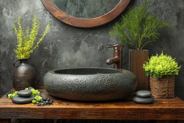 Dark stone sink on rustic wood vanity with plants and mirror