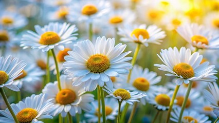A beautiful field of white and yellow daisies blossoms in the spring and summer sun