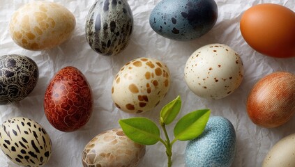 Colorful decorated eggs on crumpled paper, with a sprig of green leaves