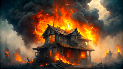 An old wooden house engulfed in flames, emitting thick smoke, and surrounded by blazing fires in a dramatic outdoor setting.