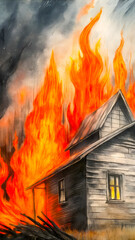 Dramatic artwork depicting a wooden house engulfed in bright, intense flames with smoke rising into the sky, emblematic of calamity, destruction, and the power of fire.