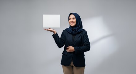 Smiling Muslim businesswoman showcasing a blank sign