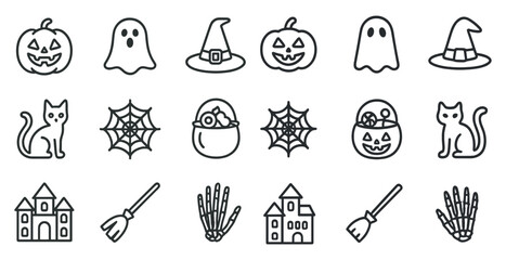 Halloween outline icons set – spooky, witch, and pumpkin symbols for festive designs