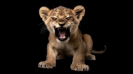 Obraz premium Adorable lion cub roaring, with wide-open mouth, against black background.