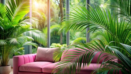 Lush tropical garden with green palm trees and chairs under a clear sky, perfect for a summer vacation paradise