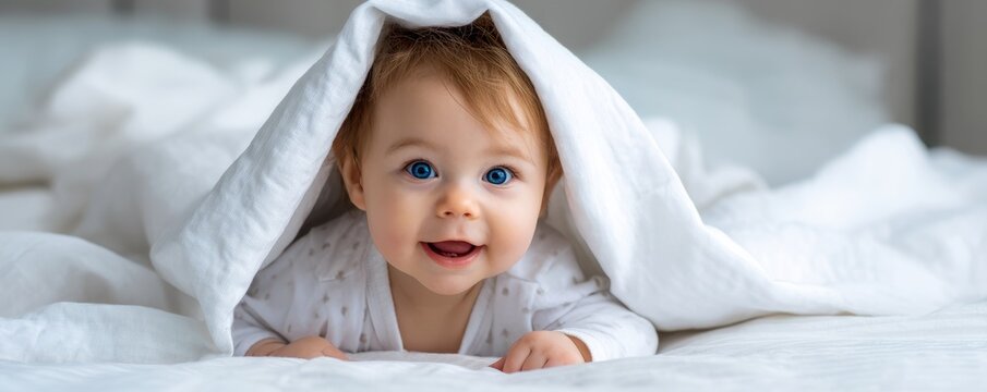 This heartwarming image captures an adorable baby peeking from under a blanket, exuding happiness and innocence.