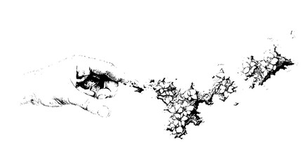 Naklejka premium A hand touches a cloud like formation of flowers in a black and white drawing with detailed textures