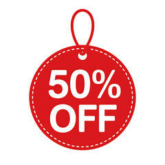 Red sale tag with 50 percent off text isolated on a transparent background