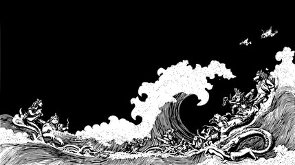 A black and white illustration of people and creatures in a turbulent ocean with birds flying above them