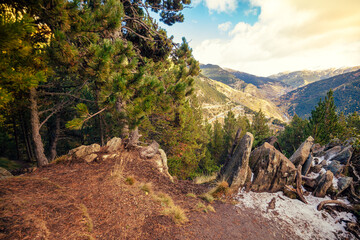 Mountain landscape in autumn. View from mountain of ridge on a sunny day, Pyrenees, Andorra