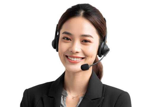 A professional Asian woman in a suit wearing a headset, smiling and looking at the camera, isolated on a Transparent background PNG