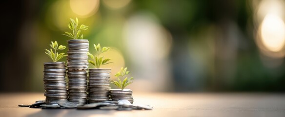 The Growth of Plants Emerging from Stacks of Coins Representing Prosperity.