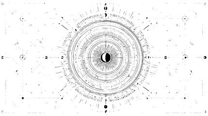 Detailed celestial chart featuring moon phases and astrological elements in black and white design style