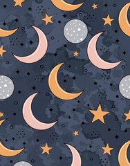 Celestial Moon and Stars Pattern on Dark Watercolor Sky
