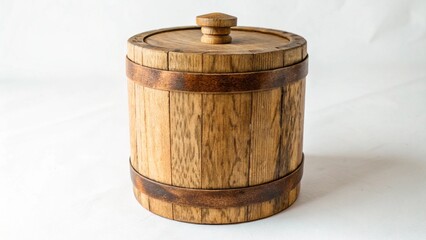 A rustic wooden barrel container isolated on white background