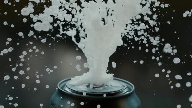 Explosion of white foam erupting from a shaken aluminum beverage can