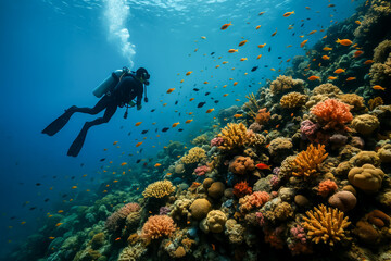 Diver exploring vibrant coral reef teeming with colorful fish