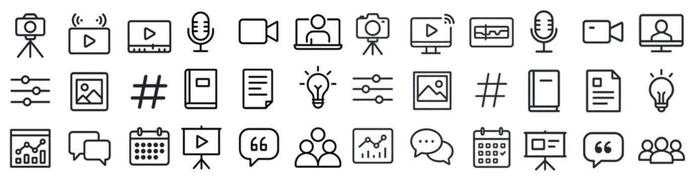 Multimedia and communication line icons set &ndash; linear, outline, digital media graphics