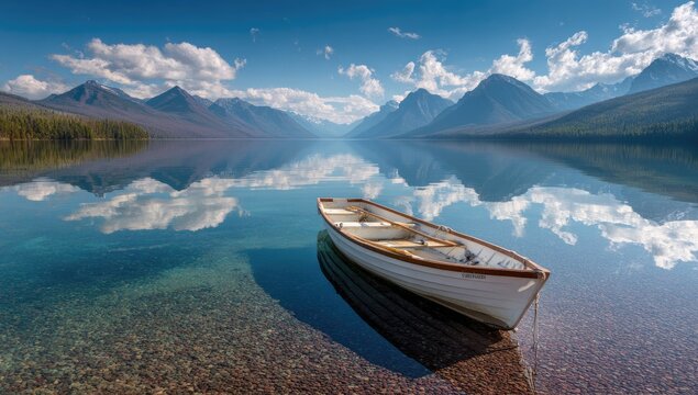Tranquil lake scene with white rowboat, mirroring clouds, and mountains