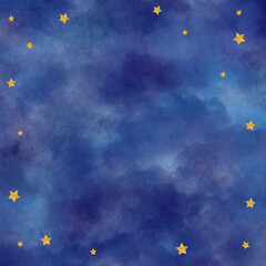 Square frame with golden stars, puffy blue and dark blue clouds, night sky background. Digital watercolor. Cute for the kids design of invitations, certificates, postcards, posters, flyers