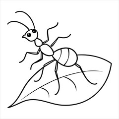 Black and White Ant Illustration on a Leaf for Coloring Activities