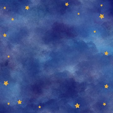 Fototapeta Square frame with golden stars, puffy blue and dark blue clouds, night sky background. Digital watercolor. Cute for the kids design of invitations, certificates, postcards, posters, flyers