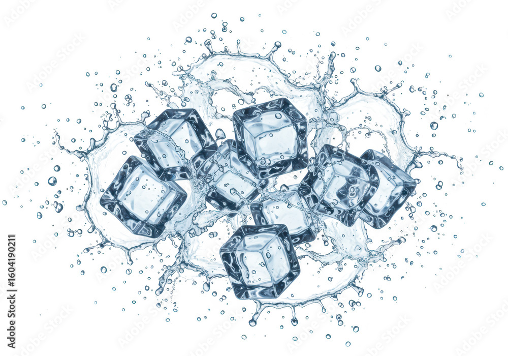 Poster ice cubes create a dynamic splash of water, isolated on transparent background