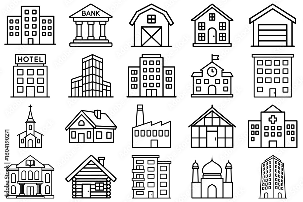 Poster iconic architecture showcase: an eye-level view presenting a diverse array of building icons, includ