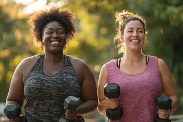 Plus-size athletes doing workout outside