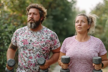 Plus-size athletes doing workout outside