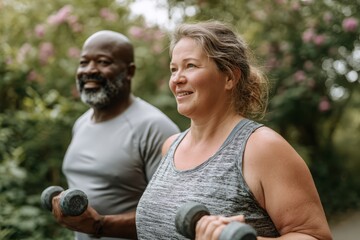 Plus-size athletes doing workout outside