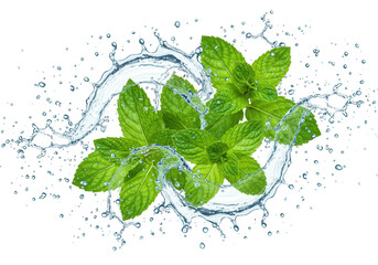 A vibrant splash of water surrounds a bundle of fresh mint leaves, isolated on transparent background