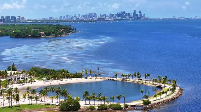 Aerial view of a vibrant beach with palm trees and a distant city skyline, showcasing the contrast between urban and natural landscapes, Coral Gables, Florida, United States.