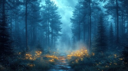 Misty forest path at night