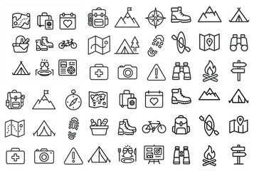 Camping and adventure outline icons set – linear, hiking, outdoor symbols