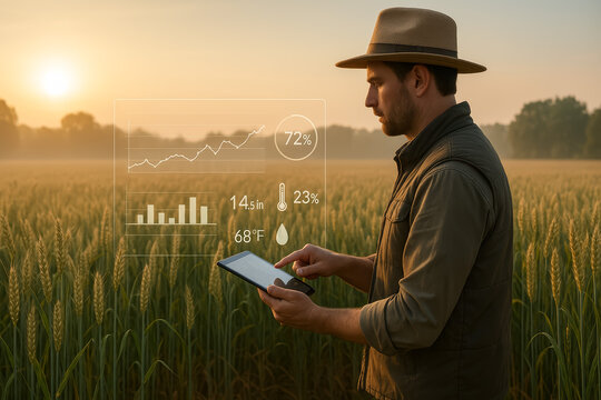 Farmer using tablet to analyze data in wheat field at sunset