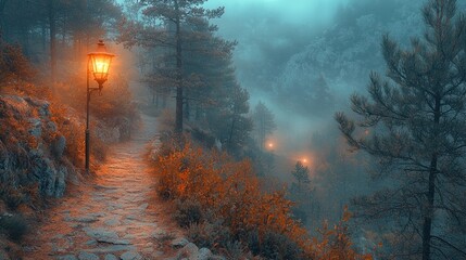 Misty mountain path illuminated by warm lanterns.  A stone pathway winds through a misty mountain landscape, highlighted by warm orange-toned lanterns. 