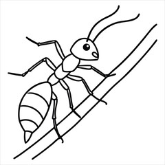 Black and White Outline Drawing of an Ant on a Twig