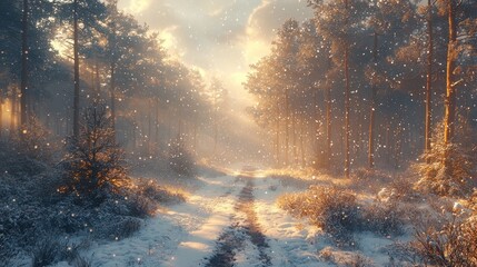Snowy forest path at sunrise