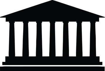 Black Silhouette of Classical Building with Columns and Triangular Roof Design Isolated
