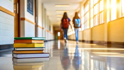 books stack in school hallway with students walking in background